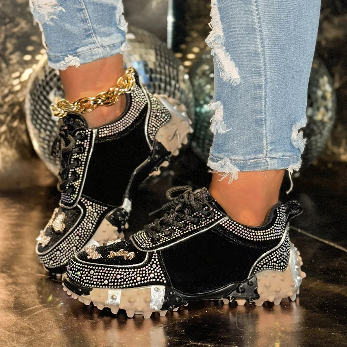 Fashionable Crystal Sporty Casual Dad Shoes for Women New Style Cross-Border Durian Sole Embellished Single Shoes Leisure