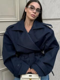 Women Lace Up Loose Trench Coat Fashion Long Sleeves Lapel Wide Shoulder Oversized Windbreaker Lady Commute Street Outerwear