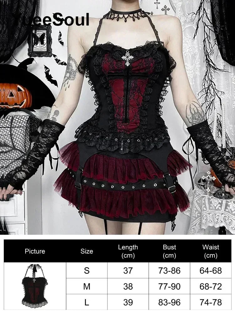Gothic Crop Tops Black Spaghetti Strap Mesh Slim Corset Tops 2026 New Goth Punk Grunge Fairy Core Sexy Y2K Halloween Clothing