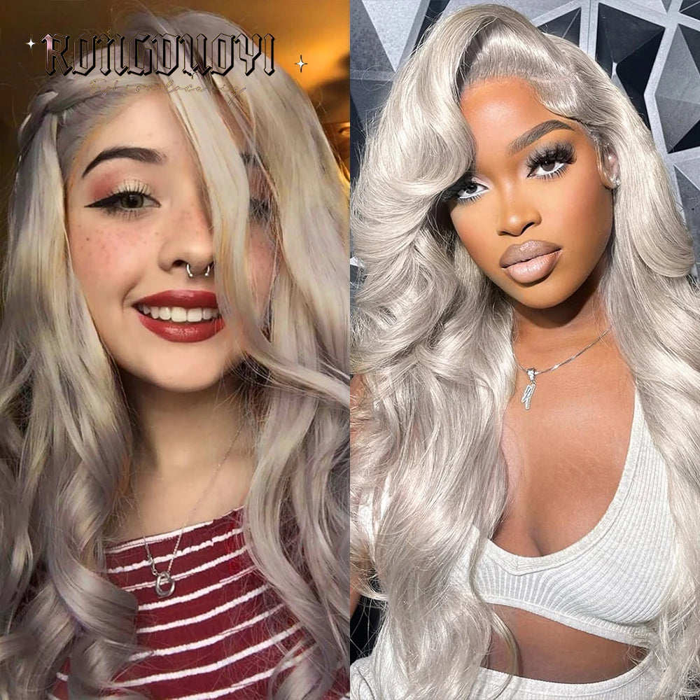 Light Grey Body Wave Wig Synthetic Hair Long Deep Wave Grey Wigs for Women Frontal Lace Wig Ready to Wear Cosplay Light Grey Wig