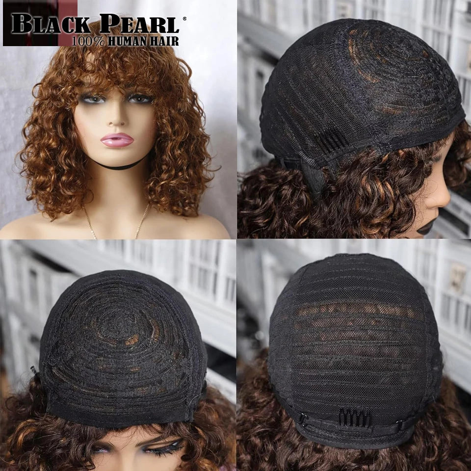 Human Hair Wigs with Bangs Curly Human Hair Wig Ombre Short Wigs Deep Curly Bob Wig with Bangs Highlight Blonde Glueless