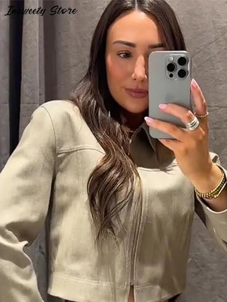Casual Coats Pants Sets Women'S Turn-down Collar Long Sleeve Zippers Tops High Waist  Trousers 2026 Spring New Lady Chic Suit