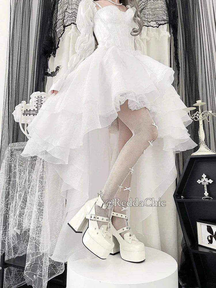 REDDACHiC Princess Trailing Party Gown Women White Floral Embroidery Puff Sleeves Lace Up Backless Hi-Lo Mini Dress Wedding Gown