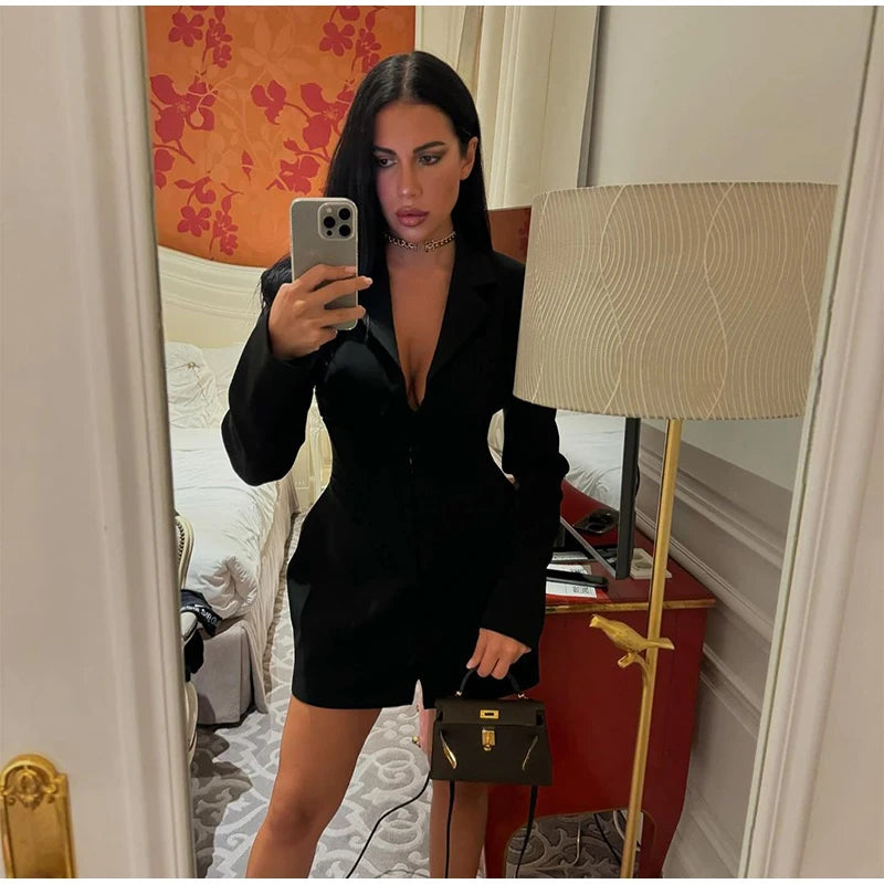 Black Cinched Waist A-line Dress Women Elegant V-neck Shoulder Pads Long Sleeve Mini Dresses 2026 Lady Chic Party Evening Gown