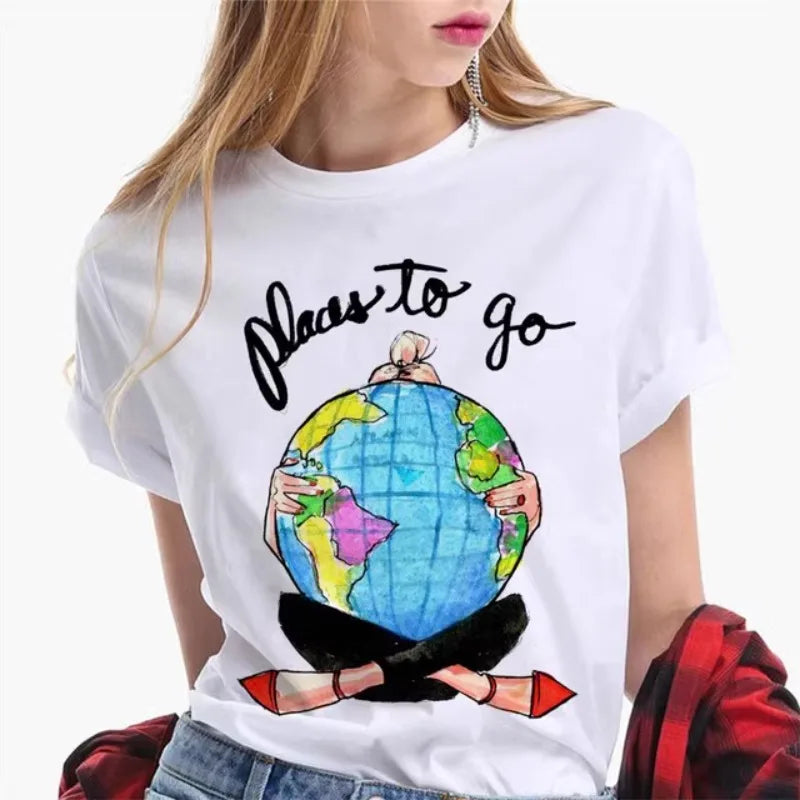 Paris Girl Europe and America Fashion Loose Ins White Short-sleeved T-shirt Woman Graphic T Shirts  Harajuku  Women Clothes