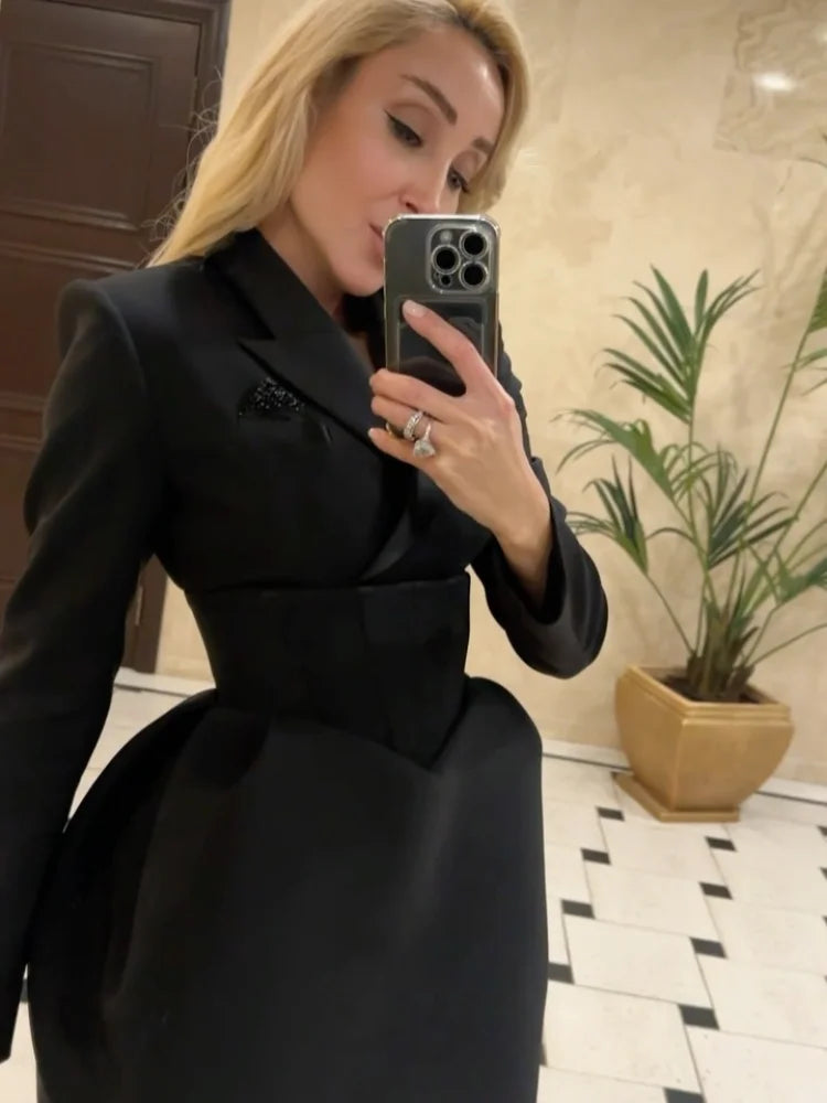Black Cinched Waist A-line Dress Women Elegant V-neck Shoulder Pads Long Sleeve Mini Dresses 2026 Lady Chic Party Evening Gown