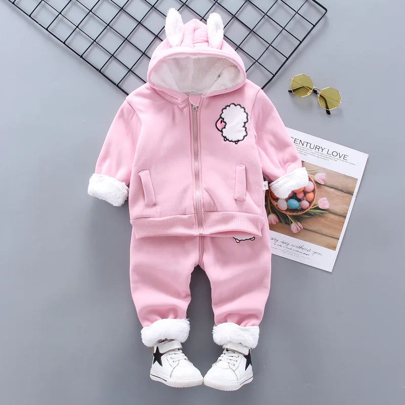Children's Winter Padded Clothes Suit Boys Girls hooded Thickened Cotton Quilted Trousers0-5T Baby Home Service 2-Piece Set