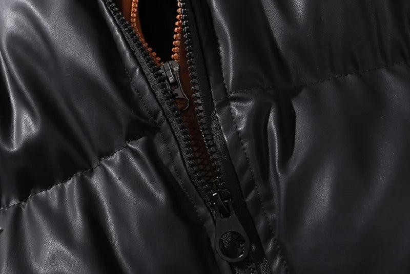 Winter Men Hooded Casual PU Leather Jackets Coat Man Thick Outdoor Puffer Parka Male Streetwear Oversize Bomber Jackets Overcoat