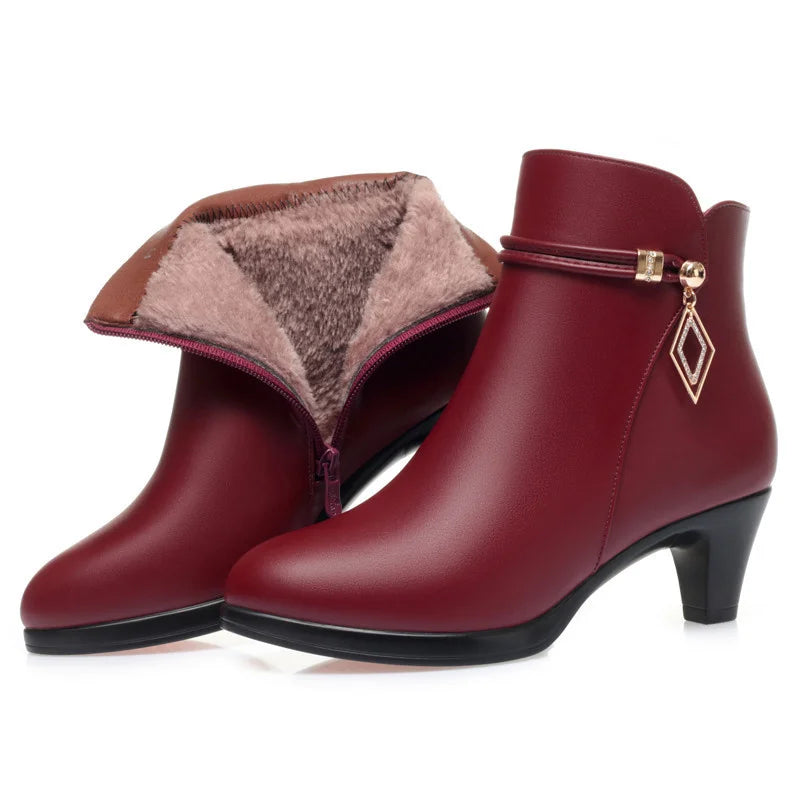 Comfort Fashion Soft Leather Winter Shoes Platform Boots 2026 Elegant Black Block High Heels Ankle Office Mom Boots