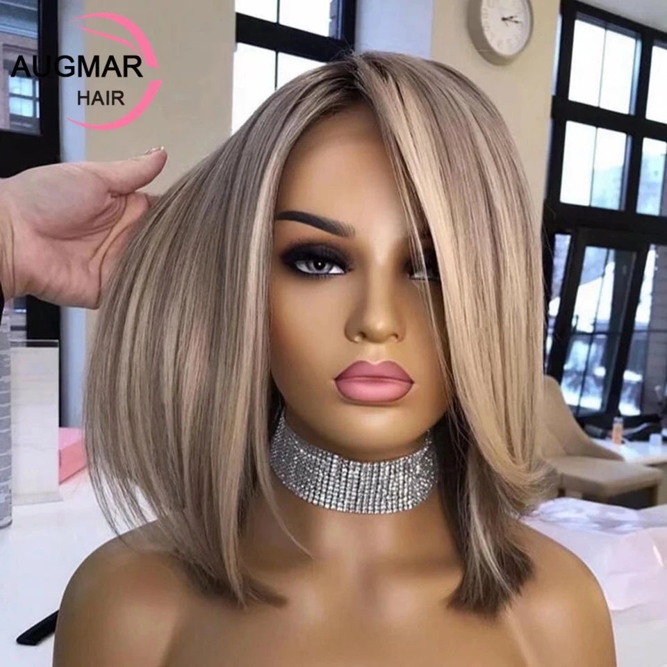 13x4 Brown Bob Wig Lace Front Human Hair Wigs Short Straight 360 13x6 HD Lace Frontal Wig Ash Blonde Highlight Wig Human Hair