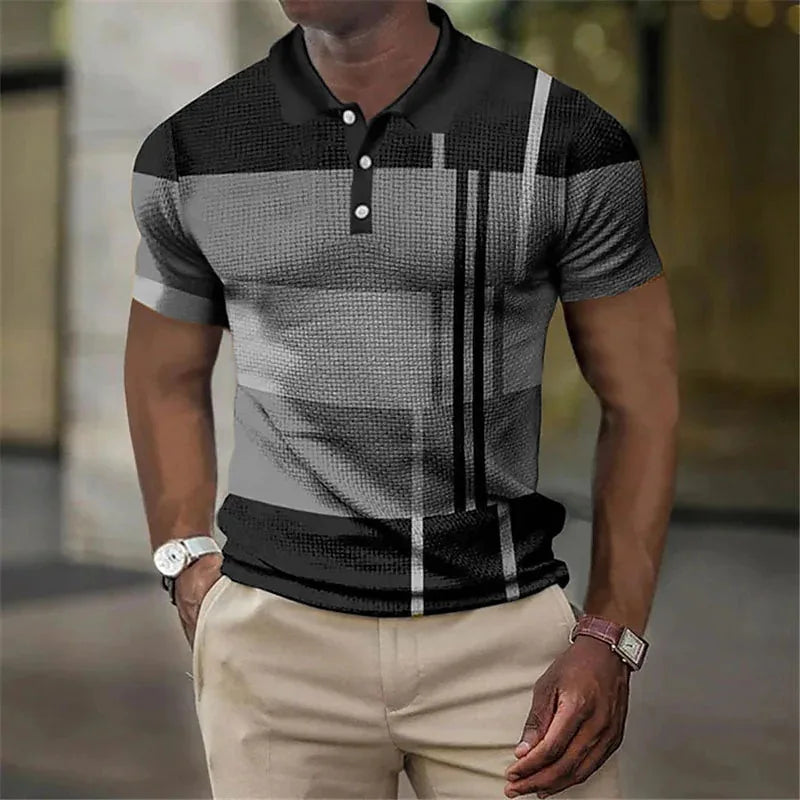 Summer Color Block Striped 3D Print Polo Shirts Men's Fashion Streetwear Button Lapel Short Sleeve Shirt Tees Tops Man Clothing