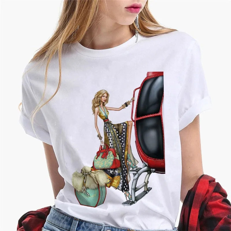 Paris Girl Europe and America Fashion Loose Ins White Short-sleeved T-shirt Woman Graphic T Shirts  Harajuku  Women Clothes
