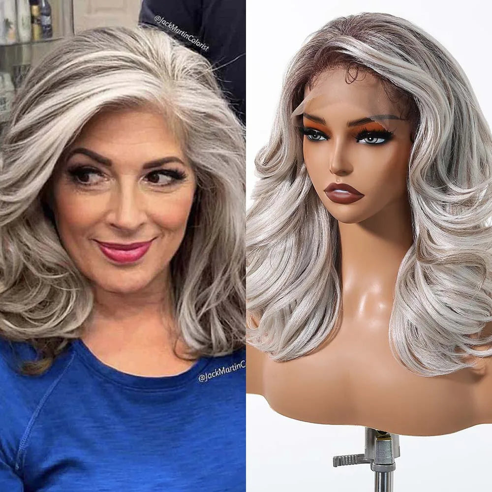 Gray White Highlight Synthetic Wigs 13*6 Transparent Swiss Lace Frontal Wigs Body Wave Long Curly Wigs for Women Elder Mommy Wig