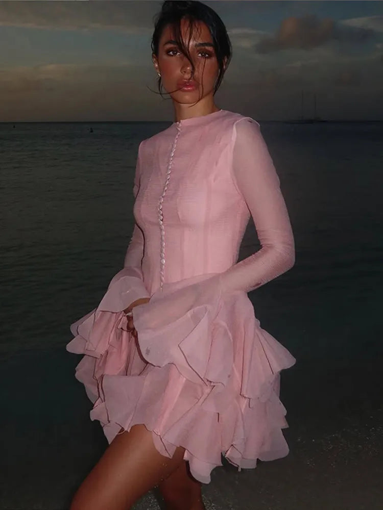 Trumpet Sleeves Puffy Short Dress Woman Single Breasted Lace Waist Cinching Solid Color O-Neck Dresses Elegant Women Mini Dress