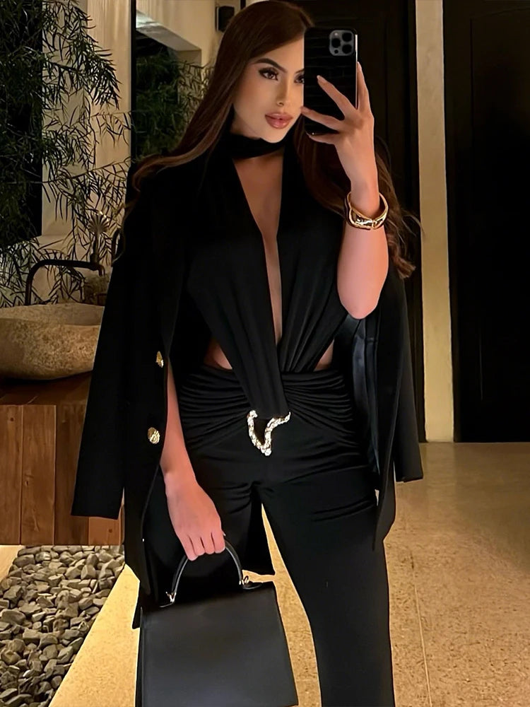 Weird Puss Sexy Waistless Jumpsuit Women Ruched Metal Cross Hollow Bandage Coquette Midnight Workout Hipster Stretch Overalls