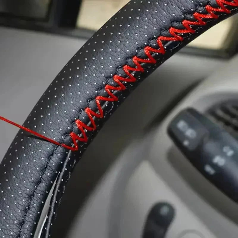 Universal Leather car steering wheel stitched on cover to fit 38cm 14 "DIY sewn breathable and non-slip black