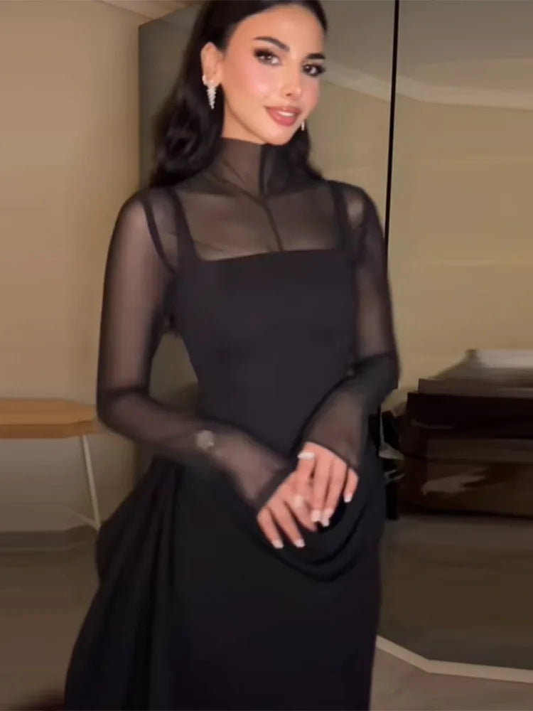 Women's Elegant Semi-high Neck Bodycon Maxi Dress Exquisite Mesh Insert Evening Party Gown 2026 Casual Contrast Sleeve Vistidos