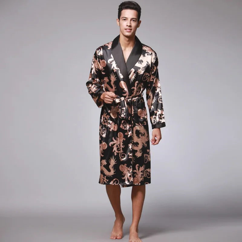 Luxury Men's Silky Kimono Robe Loose Home Clothes Female Dragon Printing Dressing Gown Male Sleepwear Loose Loungewear Pjs