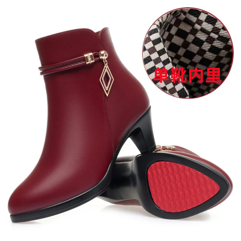Comfort Fashion Soft Leather Winter Shoes Platform Boots 2026 Elegant Black Block High Heels Ankle Office Mom Boots