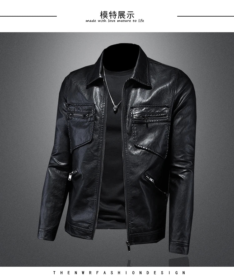 2024 Autumn and Winter New Men's Fashion Handsome Trend Business Leisure Lapel Motorcycle Leather Coat Slim Stylish Man  M-4XL