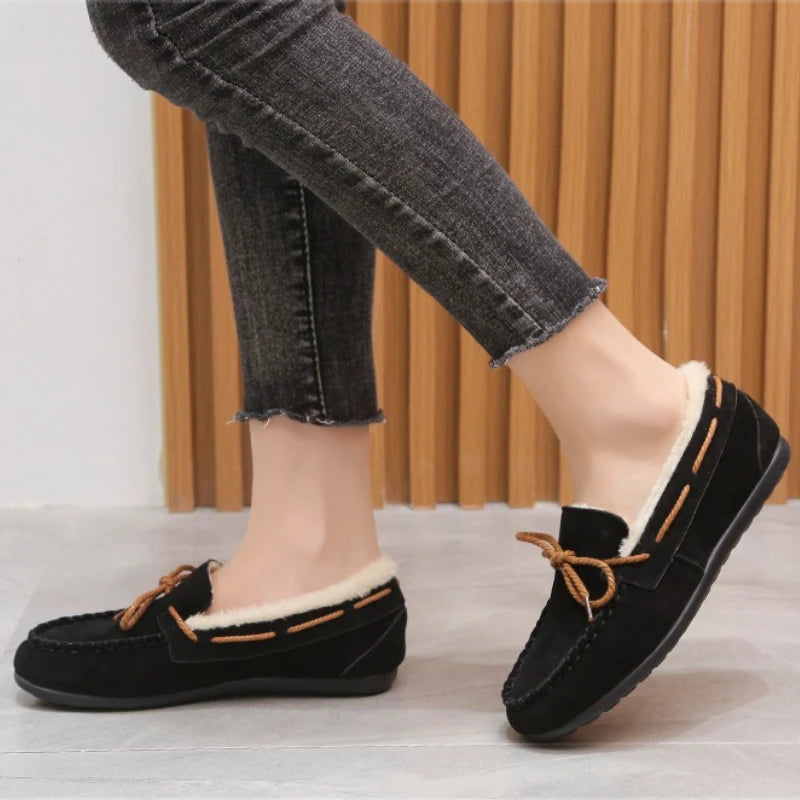 Women Winter Casual Shoes New Moccasins Soft Flat Non-slip Loafers Fashion Comfort Warm Plush Bow Slip on Female Cotton Shoes