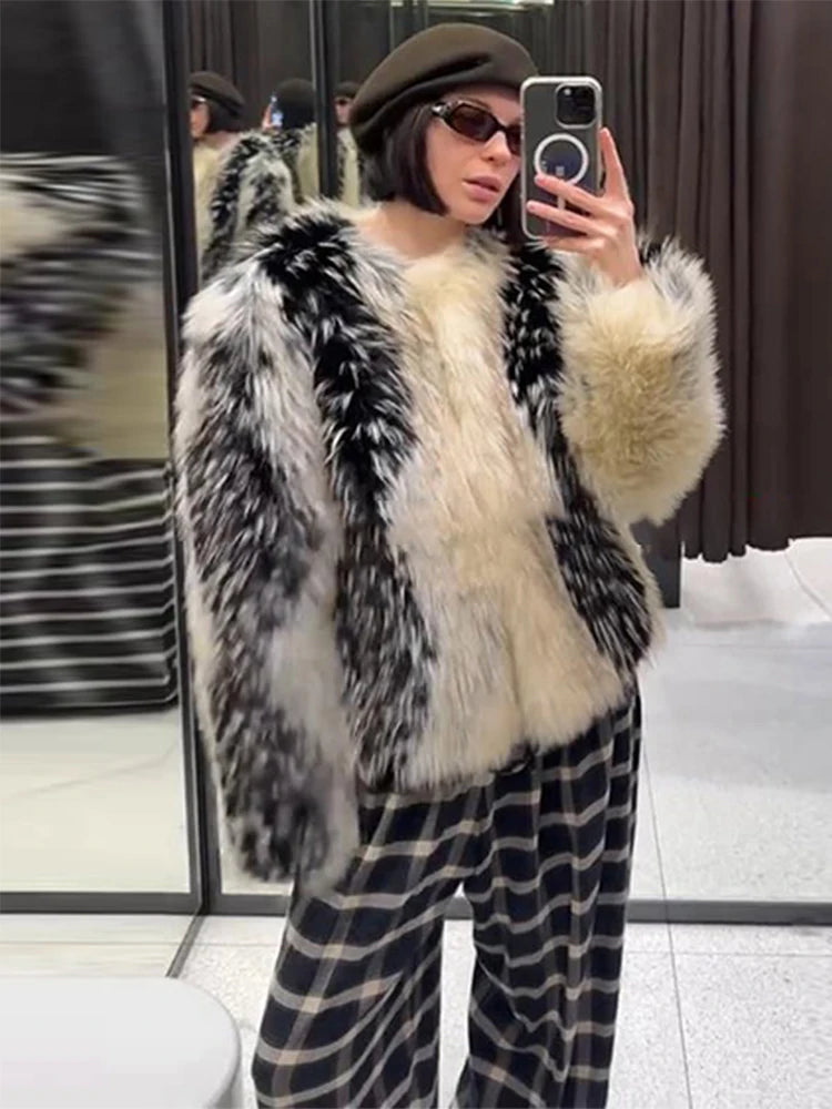 Stylish Contrast Faux Fur Women Coat Elegant O-neck Single Breasted Full Sleeve Female Coats 2026 Spring Winter Chic Lady Jacket