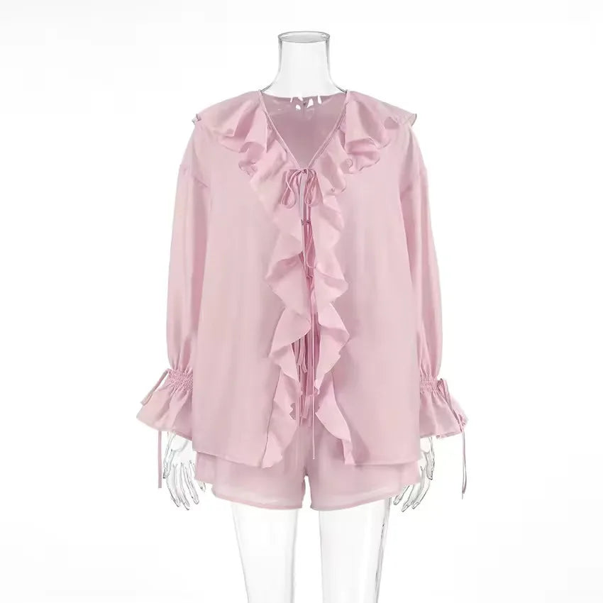 Casual Ruffled Shirt Shorts 2-Piece Set Women V Neck Flare Sleeve Lace-up Loose Blouse Shorts Suit Summer Beach Vacation Outfits