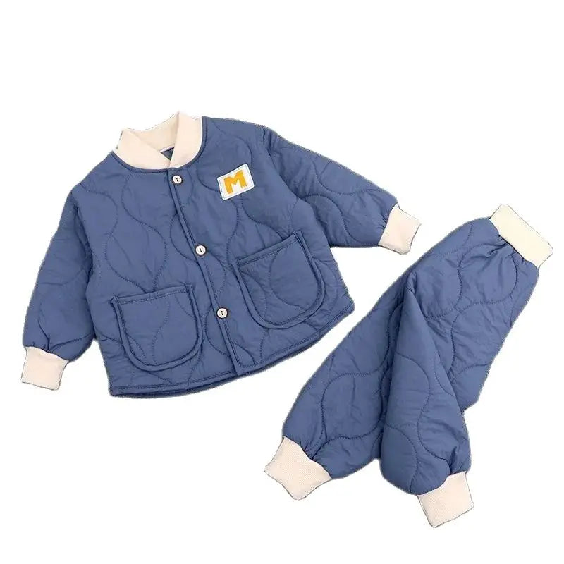 Children's Winter Padded Clothes Suit Boys Girls hooded Thickened Cotton Quilted Trousers0-5T Baby Home Service 2-Piece Set