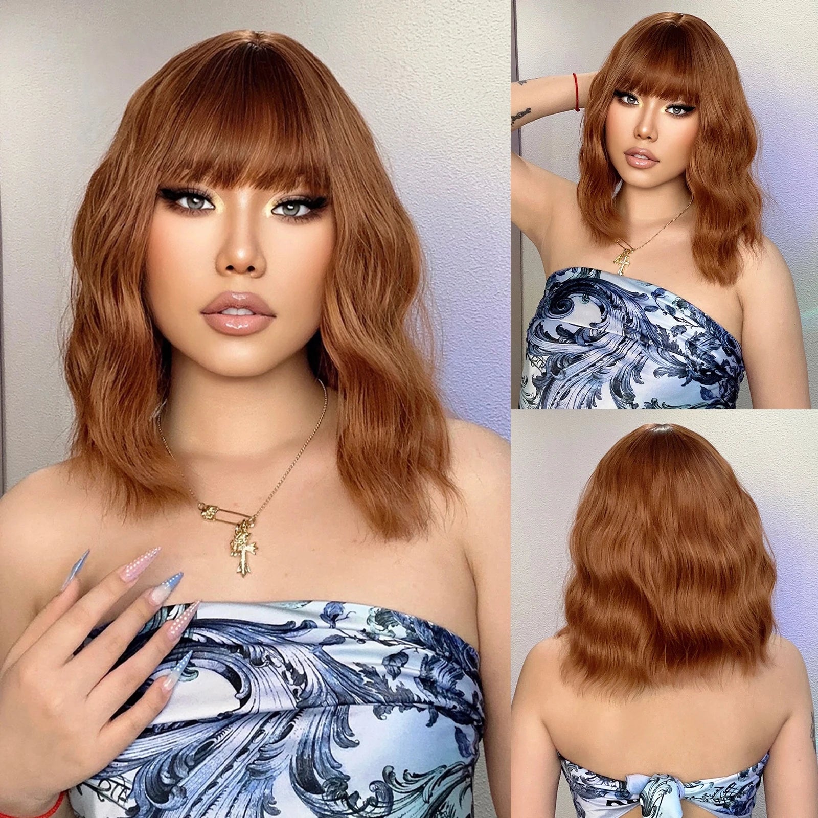 ELEMENT 16 Inch Ombre Golden Blonde Loose Curly Hair Wig with Bangs Lolita Cosplay Party Daily Wigs for Women
