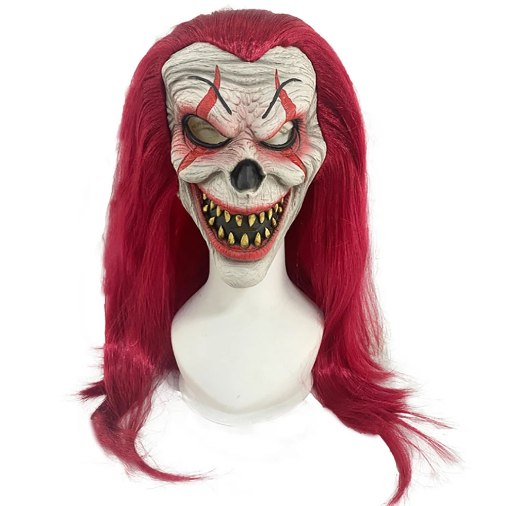 Halloween Clown mask,Scary Evil Joker Mask with Long Hair,Horror Killers Masks Costume Cosplay Props For Adult