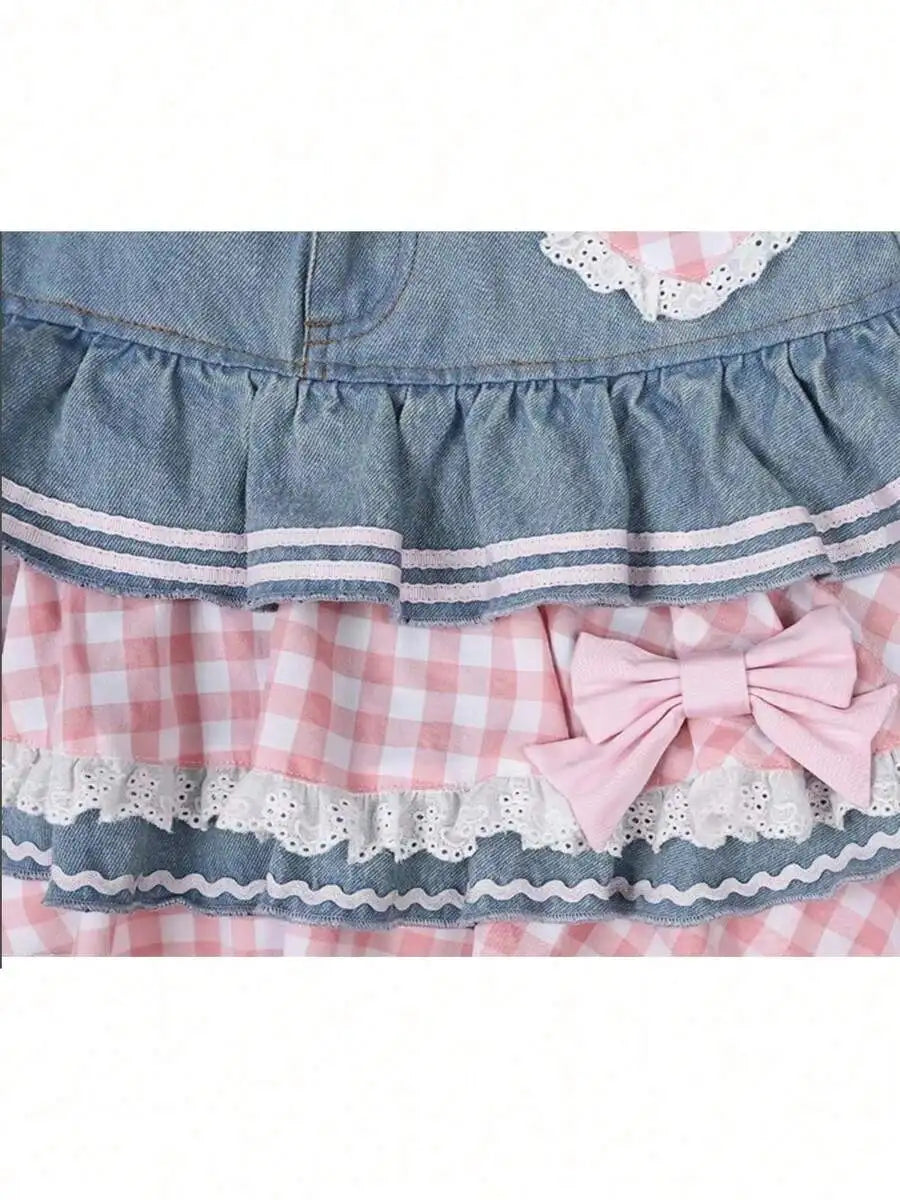 Womens Denim Pleated Skirt With Gingham Ruffles And Bow Detail