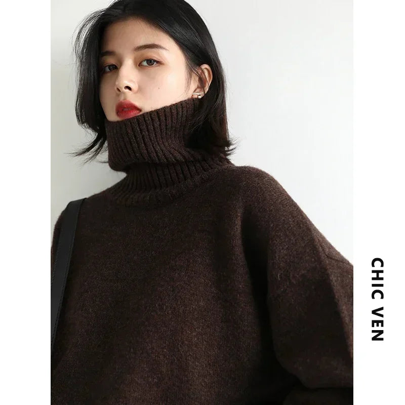 CHIC VEN Korean Women's Sweater Loose Turtleneck Sweaters Warm Solid Pullover Knitwear Basic Female Tops Autumn Winter 2026