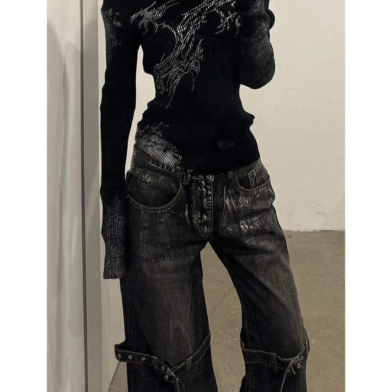 Black Women's Jeans High Waist Hip Hop Straight Fashion Pants Streetwear Harajuku Y2K Star 2026 Female Wide Leg Denim Trouser