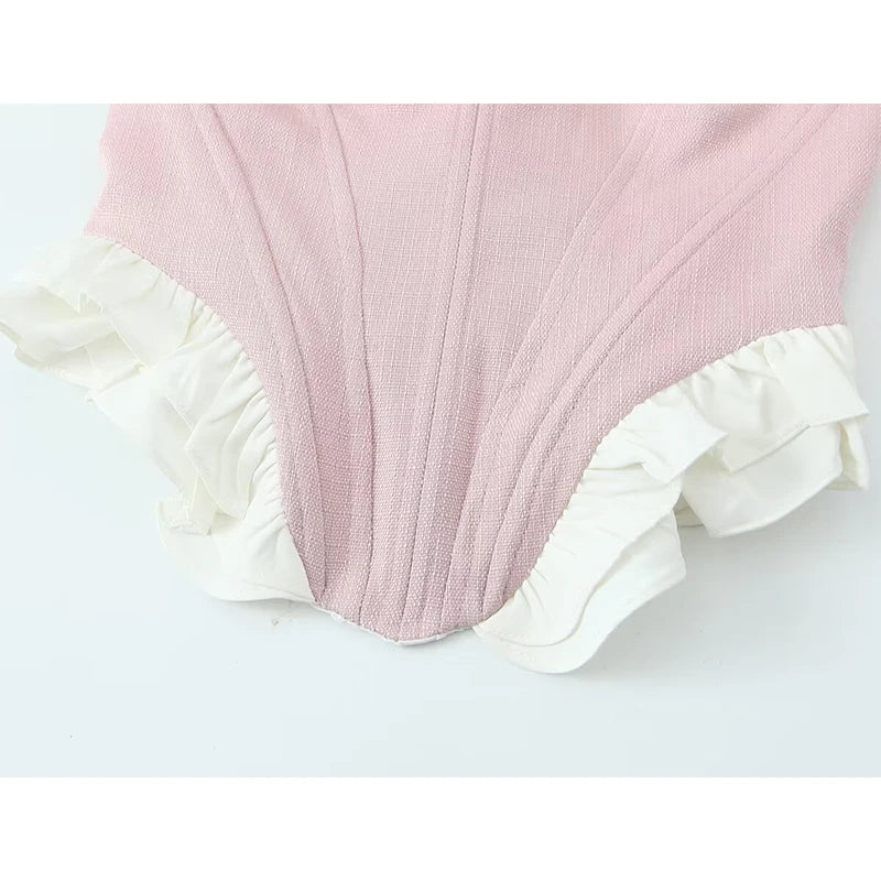 YENKYE Sexy Women Sweet Patchwork Fish Bone Slim Fit Strapless Top Chic Party Summer Crop Top