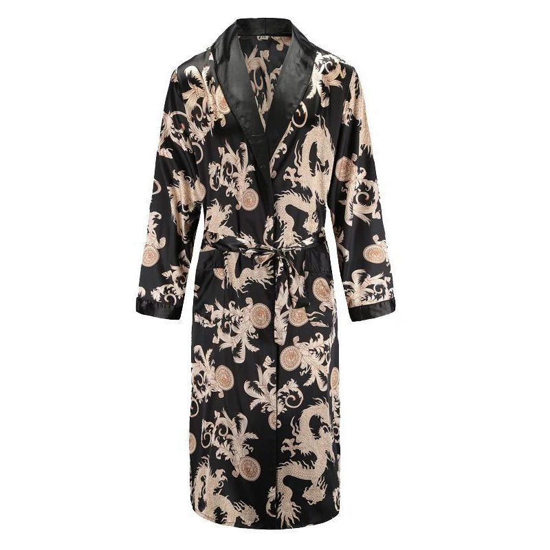 Luxury Men's Silky Kimono Robe Loose Home Clothes Female Dragon Printing Dressing Gown Male Sleepwear Loose Loungewear Pjs